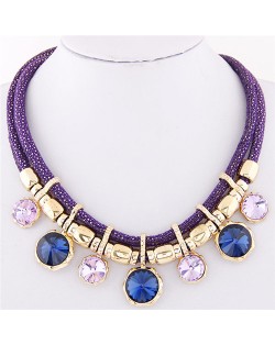 Colorful Round Gems Embellished Dual Layers Statement Fashion Necklace - Purple