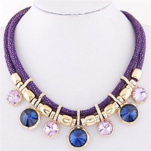 Colorful Round Gems Embellished Dual Layers Statement Fashion Necklace - Purple