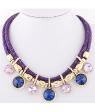 Colorful Round Gems Embellished Dual Layers Statement Fashion Necklace - Purple