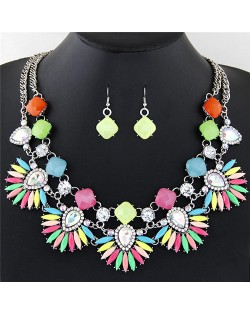 Brightful Color Gems and Rhinestones Combined Floral Fashion Necklace and Earrings Set - Multicolor