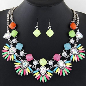Brightful Color Gems and Rhinestones Combined Floral Fashion Necklace and Earrings Set - Multicolor