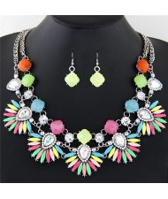 Brightful Color Gems and Rhinestones Combined Floral Fashion Necklace and Earrings Set - Multicolor