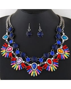 Brightful Color Gems and Rhinestones Combined Floral Fashion Necklace and Earrings Set - Royal Blue