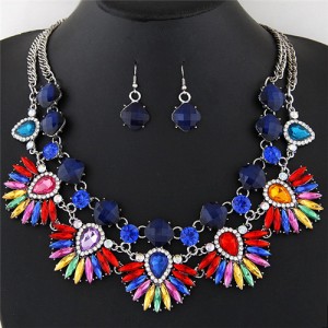 Brightful Color Gems and Rhinestones Combined Floral Fashion Necklace and Earrings Set - Royal Blue