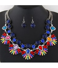 Brightful Color Gems and Rhinestones Combined Floral Fashion Necklace and Earrings Set - Royal Blue