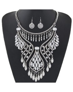 Elegant Waterdrops Design Hollow Fashion Necklace and Coin Earrings Set - Silver and White