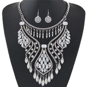 Elegant Waterdrops Design Hollow Fashion Necklace and Coin Earrings Set - Silver and White