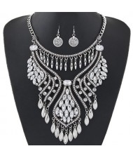 Elegant Waterdrops Design Hollow Fashion Necklace and Coin Earrings Set - Silver and White