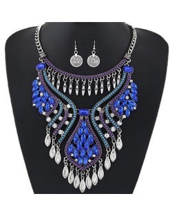 Elegant Waterdrops Design Hollow Fashion Necklace and Coin Earrings Set - Silver and Blue