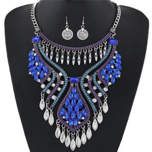 Elegant Waterdrops Design Hollow Fashion Necklace and Coin Earrings Set - Silver and Blue