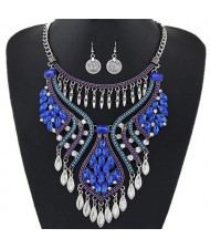 Elegant Waterdrops Design Hollow Fashion Necklace and Coin Earrings Set - Silver and Blue