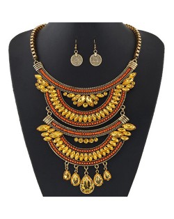 Dual-layers Gem Combined Arches Design Statement Fashion Necklace and Coin Earrings Set - Copper and Yellow