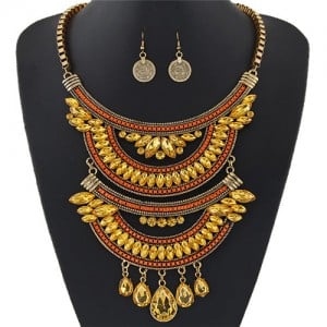 Dual-layers Gem Combined Arches Design Statement Fashion Necklace and Coin Earrings Set - Copper and Yellow