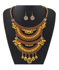 Dual-layers Gem Combined Arches Design Statement Fashion Necklace and Coin Earrings Set - Copper and Yellow