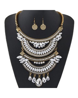 Dual-layers Gem Combined Arches Design Statement Fashion Necklace and Coin Earrings Set - Copper and White