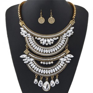 Dual-layers Gem Combined Arches Design Statement Fashion Necklace and Coin Earrings Set - Copper and White