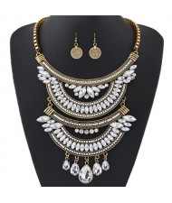 Dual-layers Gem Combined Arches Design Statement Fashion Necklace and Coin Earrings Set - Copper and White