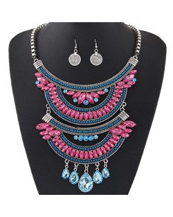 Dual-layers Gem Combined Arches Design Statement Fashion Necklace and Coin Earrings Set - Silver and Rose