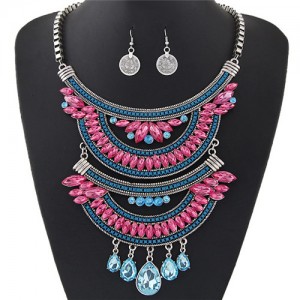 Dual-layers Gem Combined Arches Design Statement Fashion Necklace and Coin Earrings Set - Silver and Rose