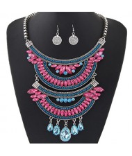 Dual-layers Gem Combined Arches Design Statement Fashion Necklace and Coin Earrings Set - Silver and Rose
