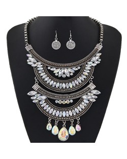 Dual-layers Gem Combined Arches Design Statement Fashion Necklace and Coin Earrings Set - Silver and White
