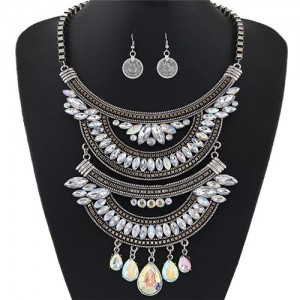 Dual-layers Gem Combined Arches Design Statement Fashion Necklace and Coin Earrings Set - Silver and White