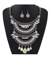 Dual-layers Gem Combined Arches Design Statement Fashion Necklace and Coin Earrings Set - Silver and White