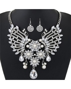 Dazzling Flowers and Hollow Angel Wings Combo Design Fashion Necklace and Coin Earrings Set - White