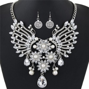 Dazzling Flowers and Hollow Angel Wings Combo Design Fashion Necklace and Coin Earrings Set - White