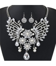 Dazzling Flowers and Hollow Angel Wings Combo Design Fashion Necklace and Coin Earrings Set - White