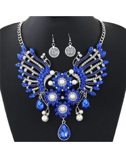 Dazzling Flowers and Hollow Angel Wings Combo Design Fashion Necklace and Coin Earrings Set - Blue