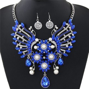 Dazzling Flowers and Hollow Angel Wings Combo Design Fashion Necklace and Coin Earrings Set - Blue