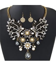 Dazzling Flowers and Hollow Angel Wings Combo Design Fashion Necklace and Coin Earrings Set - Gray