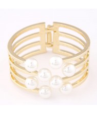 Elegant Pearls Decorated Hollow Alloy Fashion Bangle - Golden