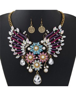 Dazzling Flowers and Hollow Angel Wings Combo Design Fashion Necklace and Coin Earrings Set - Multicolor