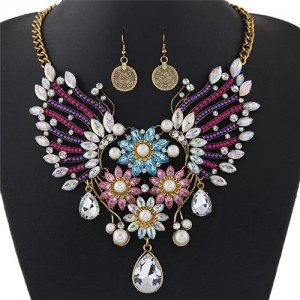 Dazzling Flowers and Hollow Angel Wings Combo Design Fashion Necklace and Coin Earrings Set - Multicolor