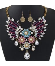 Dazzling Flowers and Hollow Angel Wings Combo Design Fashion Necklace and Coin Earrings Set - Multicolor