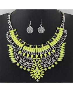 Fluorescent Color Resin Gems and Rhinestone Combined Floral Pattern Fashion Necklace and Earrings Set - Yellow