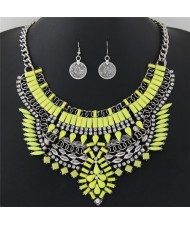 Fluorescent Color Resin Gems and Rhinestone Combined Floral Pattern Fashion Necklace and Earrings Set - Yellow