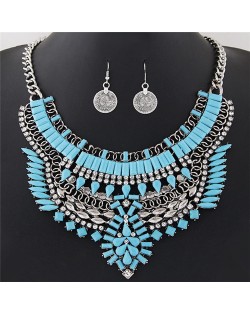 Fluorescent Color Resin Gems and Rhinestone Combined Floral Pattern Fashion Necklace and Earrings Set - Blue