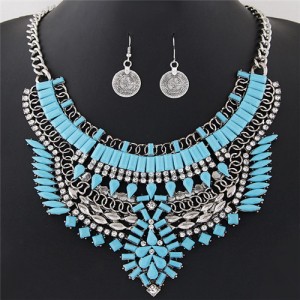 Fluorescent Color Resin Gems and Rhinestone Combined Floral Pattern Fashion Necklace and Earrings Set - Blue