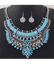 Fluorescent Color Resin Gems and Rhinestone Combined Floral Pattern Fashion Necklace and Earrings Set - Blue