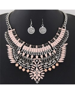 Fluorescent Color Resin Gems and Rhinestone Combined Floral Pattern Fashion Necklace and Earrings Set - Pink