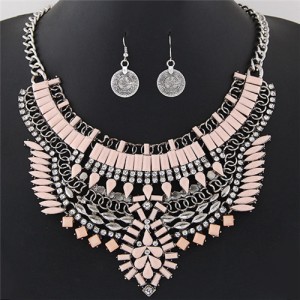 Fluorescent Color Resin Gems and Rhinestone Combined Floral Pattern Fashion Necklace and Earrings Set - Pink