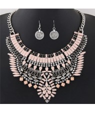 Fluorescent Color Resin Gems and Rhinestone Combined Floral Pattern Fashion Necklace and Earrings Set - Pink