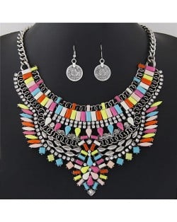 Fluorescent Color Resin Gems and Rhinestone Combined Floral Pattern Fashion Necklace and Earrings Set - Multicolor