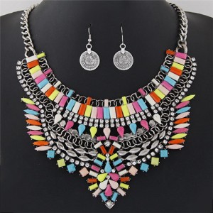 Fluorescent Color Resin Gems and Rhinestone Combined Floral Pattern Fashion Necklace and Earrings Set - Multicolor