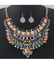 Fluorescent Color Resin Gems and Rhinestone Combined Floral Pattern Fashion Necklace and Earrings Set - Multicolor