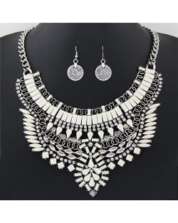 Fluorescent Color Resin Gems and Rhinestone Combined Floral Pattern Fashion Necklace and Earrings Set - White