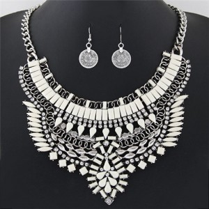 Fluorescent Color Resin Gems and Rhinestone Combined Floral Pattern Fashion Necklace and Earrings Set - White
